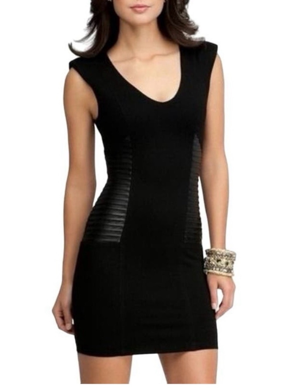 bebe Black Sleeveless Bodycon Mini Dress with Textured Side Panels